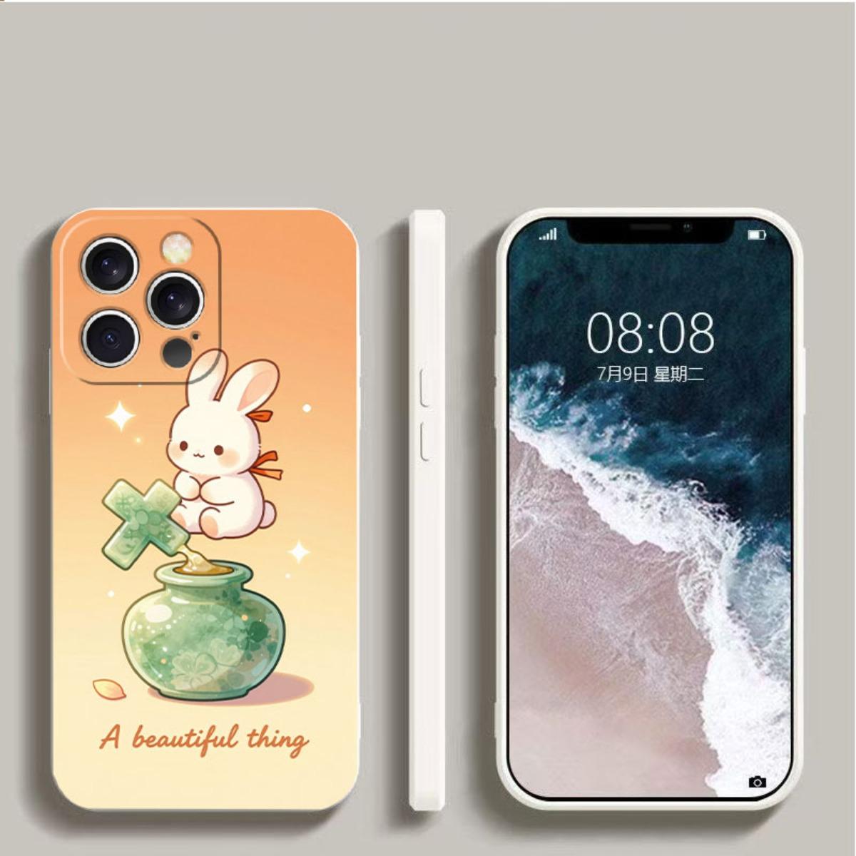 Phone case: Cute Christian rabbit and cross clover jar design, faith-inspired phone case suitable for iPhone 17/17pro/16/X/XS/XR/11/12/13/14/15/16Plus/17ProMax, printed imitation liquid silicone phone case