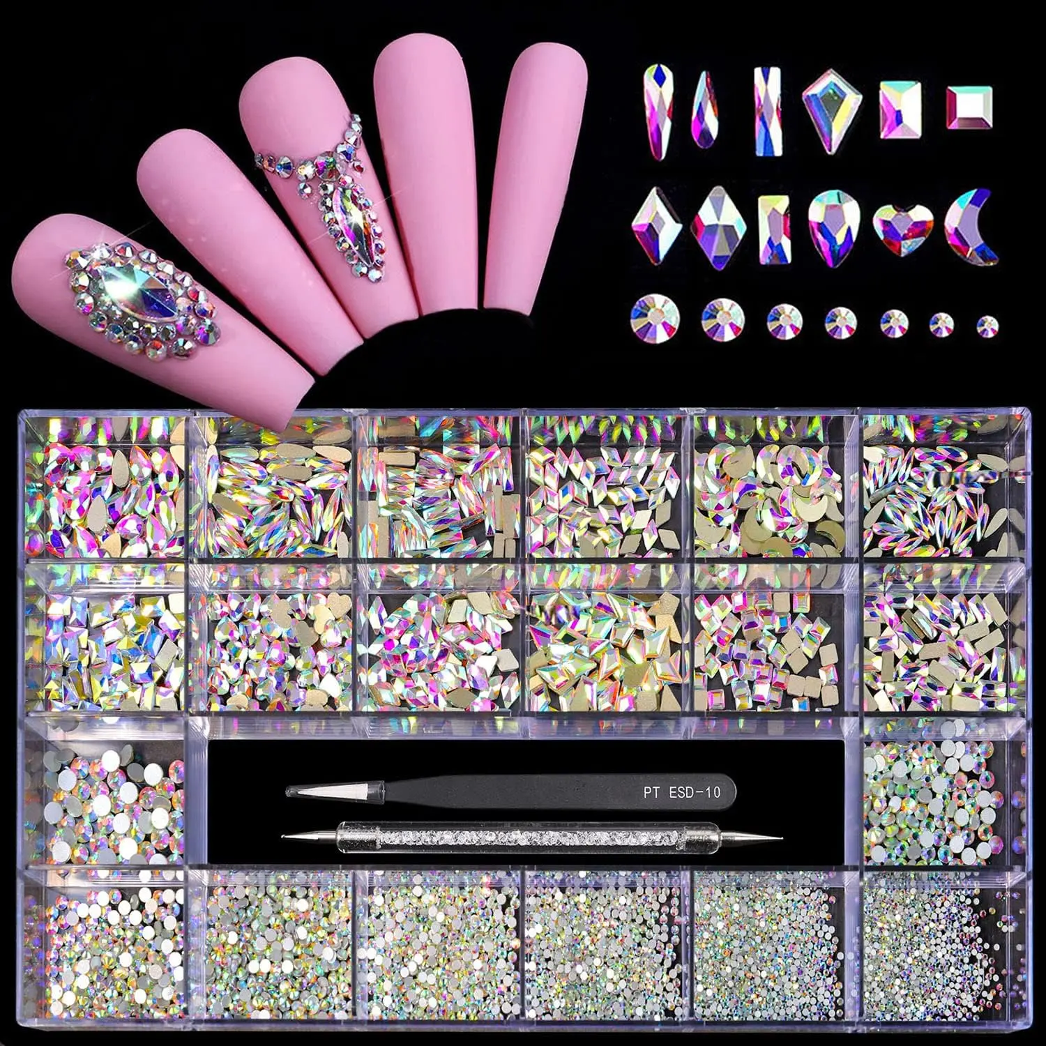 12 Types of 600 Colorful Diamonds + 2500 Flat Rhinestones Mix 20 Styles Flatback DIY Crafts Rhinestone Crystals 3D Decorations Flat Back Stones Set with Tweezers & Drill Pen