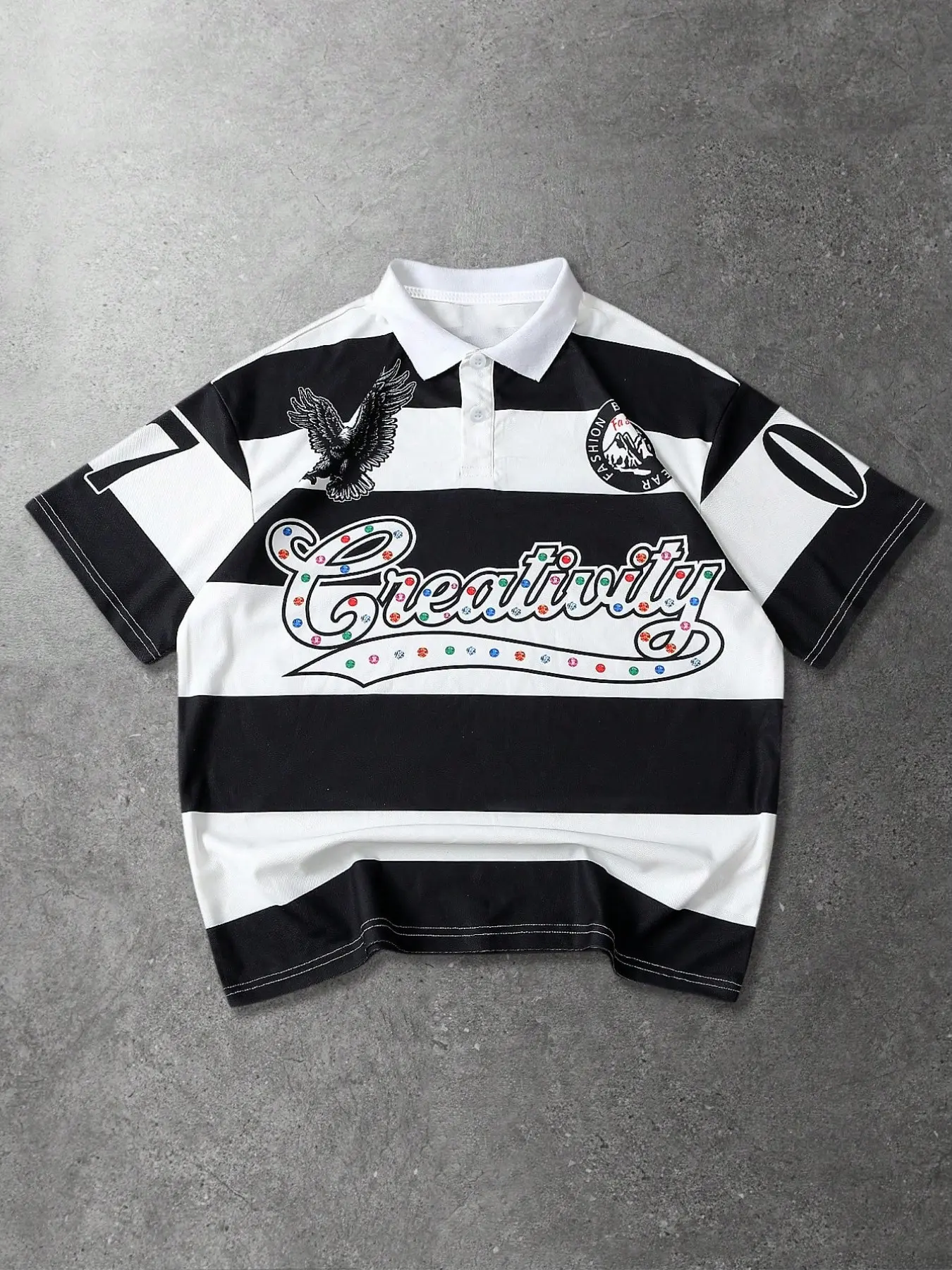 Men's Polo Shirt, Casual Tops, Streetwear, Oversized Retro Striped Polo with Graphic Print and Colorful Rhinestone, Street Style Men's Short Sleeve Lapel Shirts, Blockecore Athletic Wear, Preppy Style, Casual Wear Tops for Skateboarding and Urban Daily