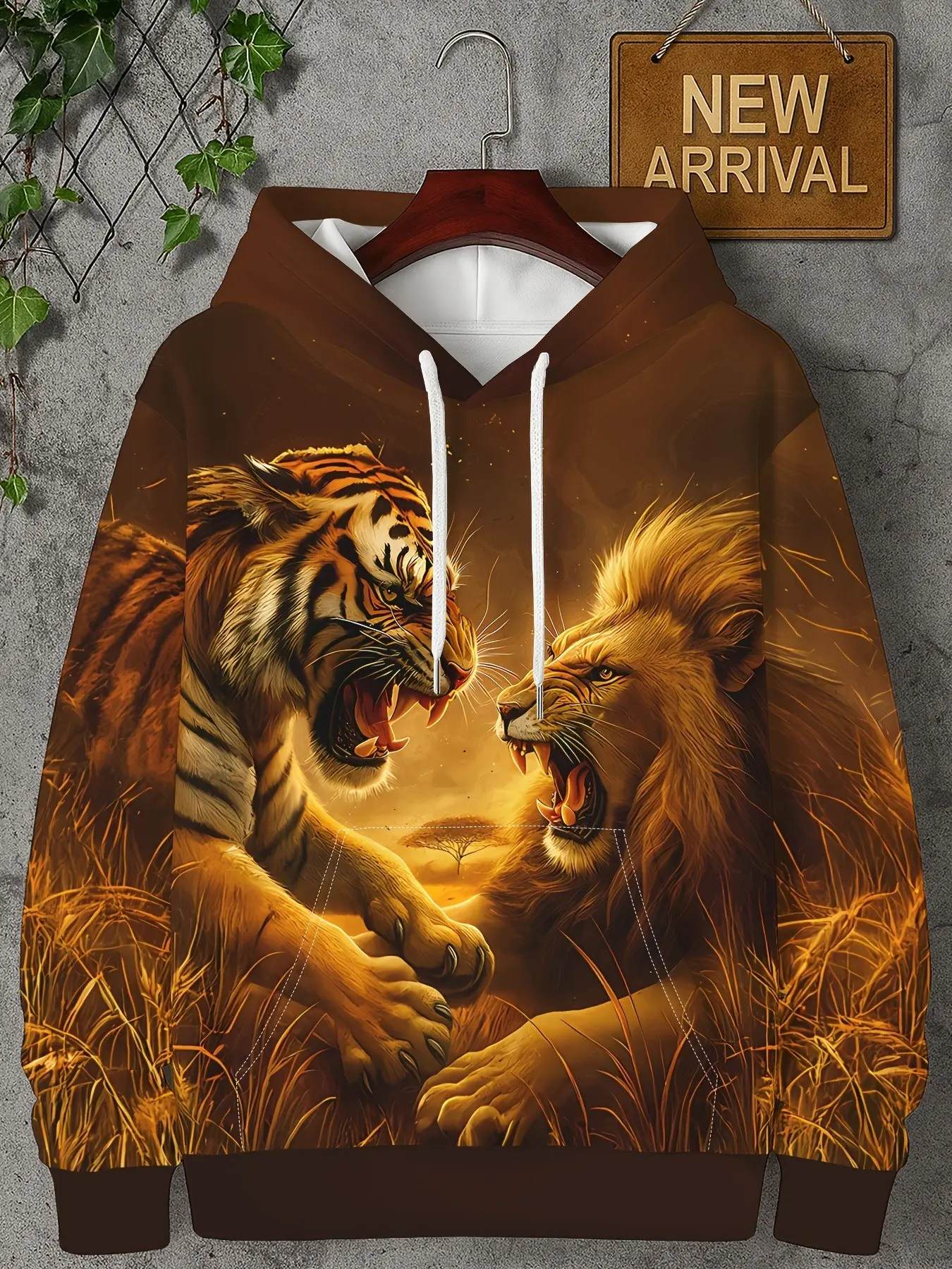 Men's Hooded Sweatshirt with Lion and Tiger 3D Print, Long Sleeve Casual Slim-Fit, Fall & Winter Streetwear Pullover, Casual Fitted Hoodie