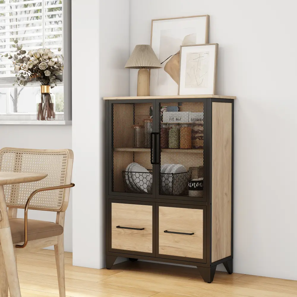 4 Door Storage Cabinet with Iron Doors, Modern Metal Sideboard Buffet with Adjustable Shelf, Black Metal Handles, Sturdy Steel Frame & Sturdy Legs, Freestanding Organizer for Living Room, Kitchen, Black & Natural Wood Finish