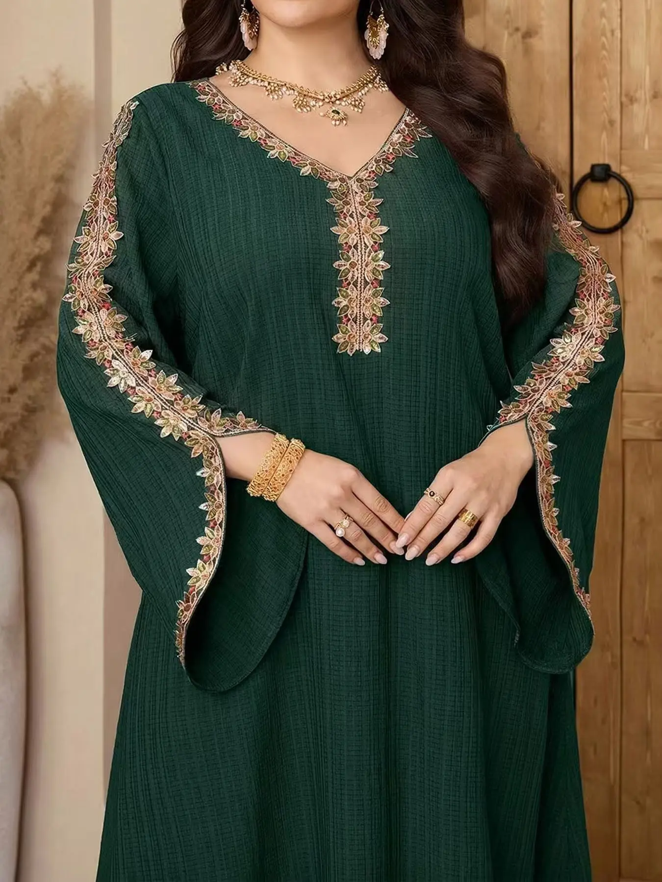 Boho Ethnic Style Middle Eastern Women's Casual Long Dress with Long Sleeves, V Neck Embroidery Design, Perfect for Everyday Wear, Fashionable and Comfortable