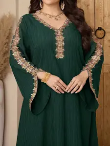 Boho Ethnic Style Middle Eastern Women's Casual Long Dress with Long Sleeves, V Neck Embroidery Design, Perfect for Everyday Wear, Fashionable and Comfortable