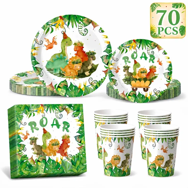 70 Piece Jungle Dinosaur Disposable Cutlery Set, Tropical Leaf Cute Dino Pattern, Birthday Party Plates Cups Napkins