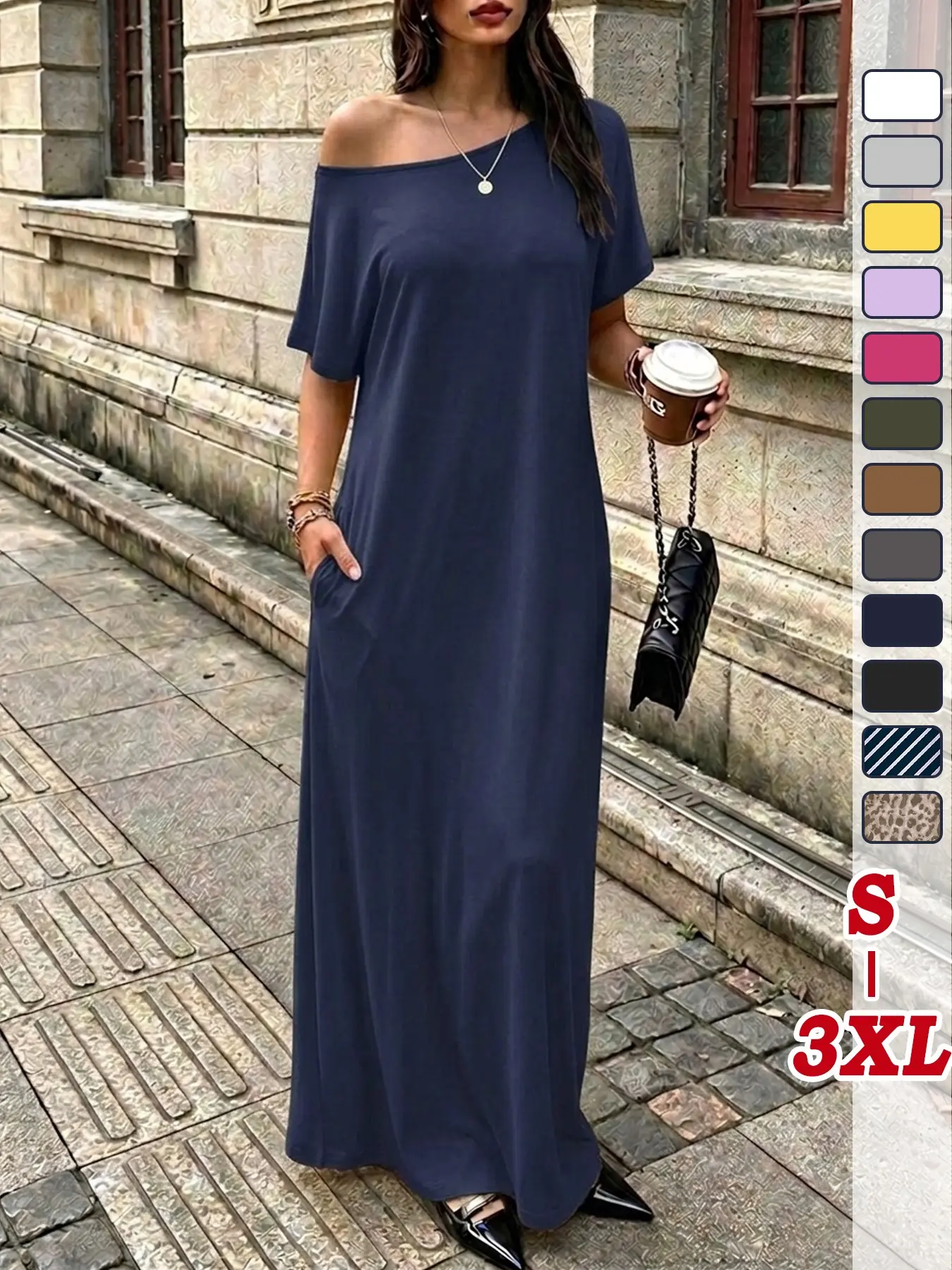 Women's casual solid-color short-sleeve maxi dress with side pockets, available in solid, striped, and leopard print options. Kaftan-style, can be worn off-the-shoulder. Perfect for everyday wear—stylish, comfortable, and versatile. Also suitable as a nig