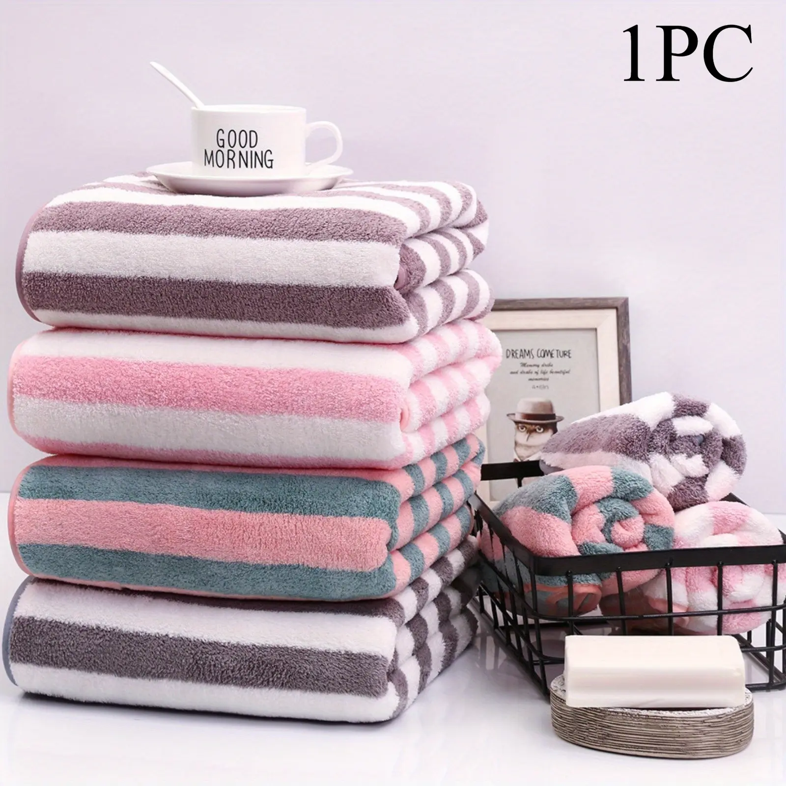 1pc Microfiber Striped Large Bath Towel, Absorbent & Quick-drying Showering Towel, Super Soft & Skin-friendly Bathing Towel, Household Thickened, Soft, and Absorbent Bath Towels, Beach Towels, for Home Bathroom, Ldeal Bathroom Supplies, Sandy Beach