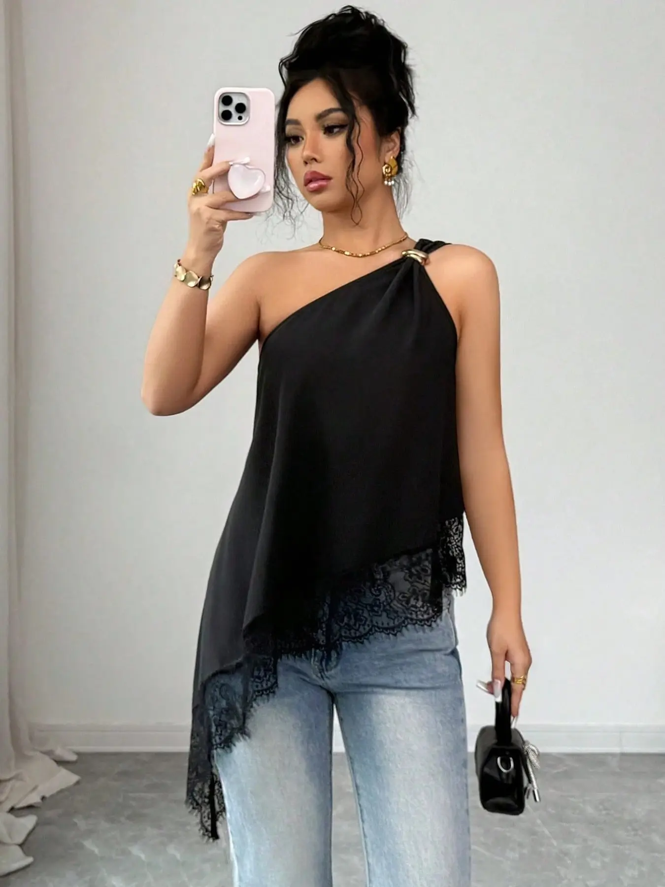 1PC Women's One Shoulder Smooth Satin Top, Lace Irregular Hem Sleeveless Blouse, Chic, Elegant