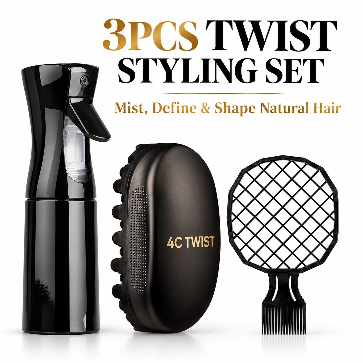 Defined Twists & Coils Made Easy - 3PCS Hair Styling Kit with 4C Twist Sponge Brush, Fine Mist Spray Bottle & Grid Comb, Easy At-Home Curl Styling Tools for Short Afro, Curly & Coily Natural Hair