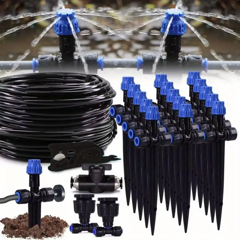 5m-30m 1/4 "garden irrigation system, with 8-hole drip irrigation device, 180-degree bending adjustable nozzle, quick push sliding lock and universal connector-durable plastic outdoor drip irrigation device, used for efficient irrigation, garden irrigatio