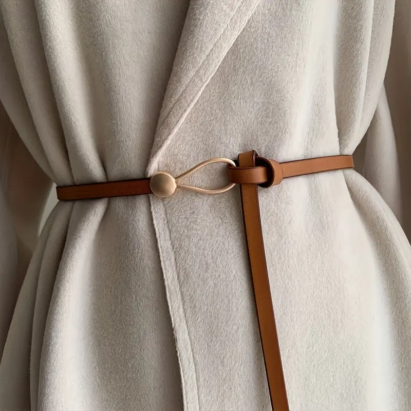 Faux leather no-punch belt for women, trendy accessory for dresses and coats, waist-cinching small belt, simple and versatile with a knotted strap