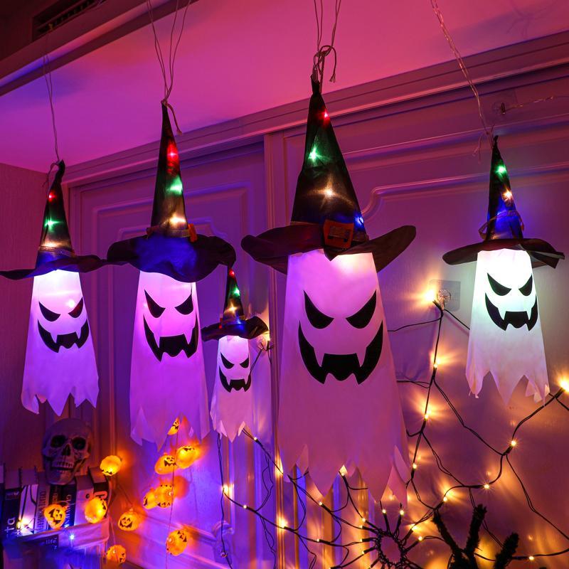 Halloween Ghost Hat Design Hanging Light, Battery Powered LED Light String, Decorative Light for Home Garden Yard Tree, Ornaments