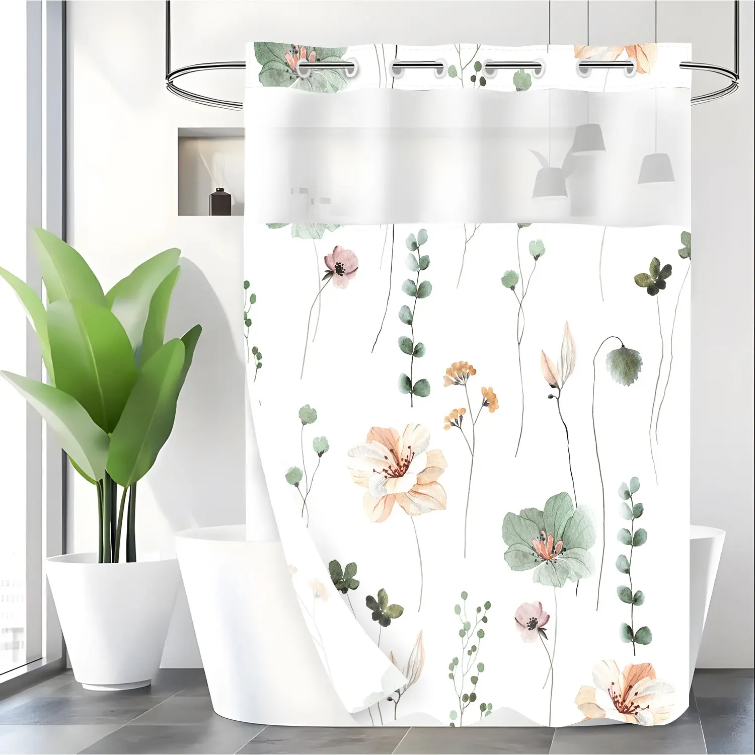 LVRLVR 1pc Watercolor Floral Eucalyptus Shower Curtain, Boho Botanical Print, Sheer Top Window, Detachable Liner & No Hook C-Ring, 70.8" x 74"