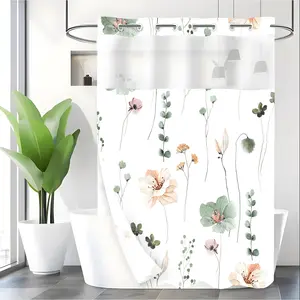 LVRLVR 1pc Watercolor Floral Eucalyptus Shower Curtain, Boho Botanical Print, Sheer Top Window, Detachable Liner & No Hook C-Ring, 70.8" x 74"