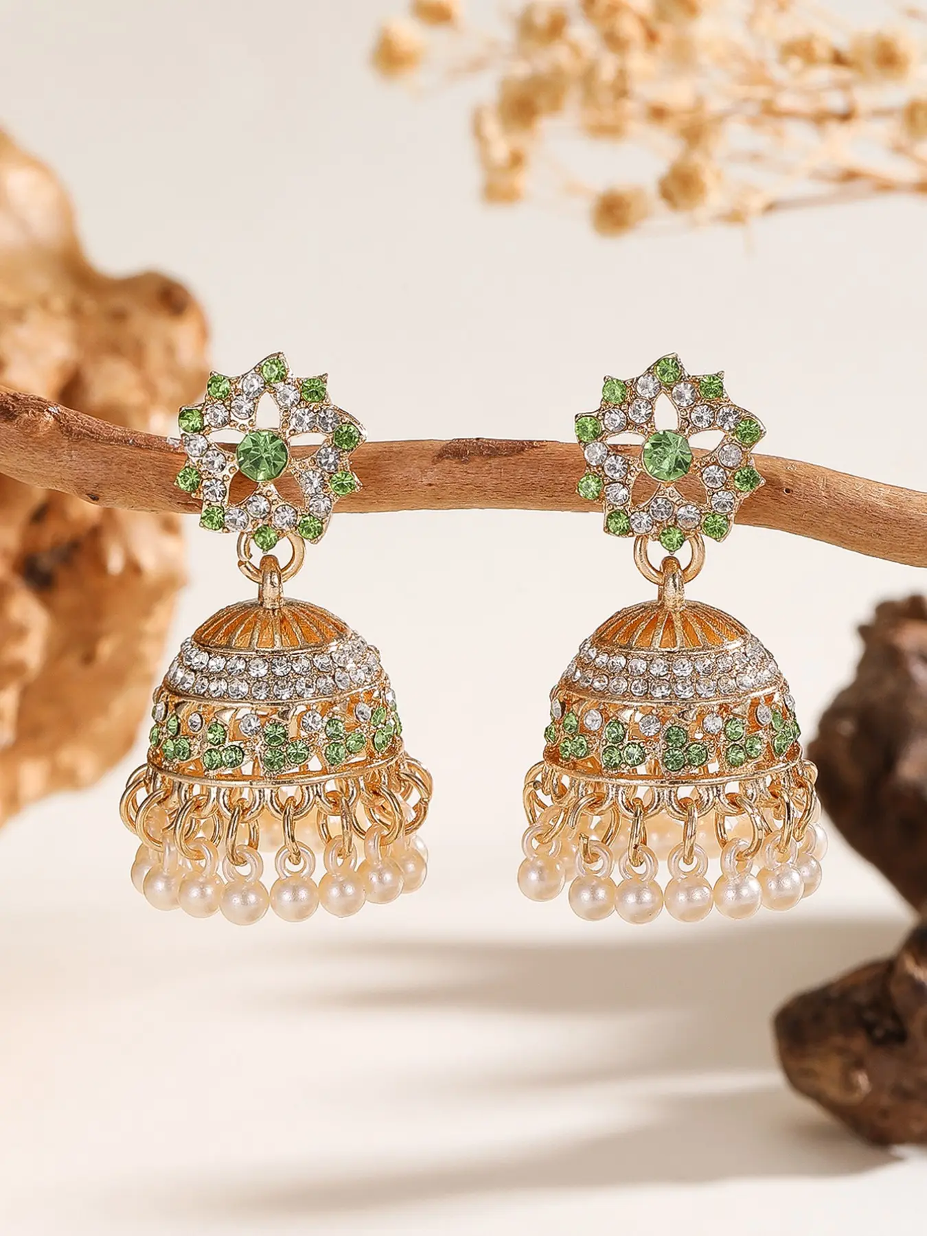 Elegant Bollywood Style Jhumka Earrings, Rhinestone Embellished Hollow Out Design, Faux Pearl Tassel Drop Earrings for Women and Girls