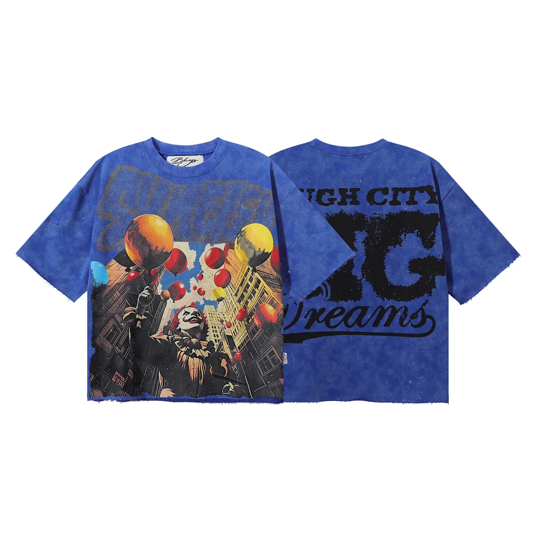 BKYS Synergy F-Terry Cropped T-Shirt, Clown Balloon Graphic Print Tee with Rhinestone Detail, Vintage Y2K Streetwear Short Sleeve Shirt, Oversized Boxy Fit Unisex Casual Top Cotton Fabric