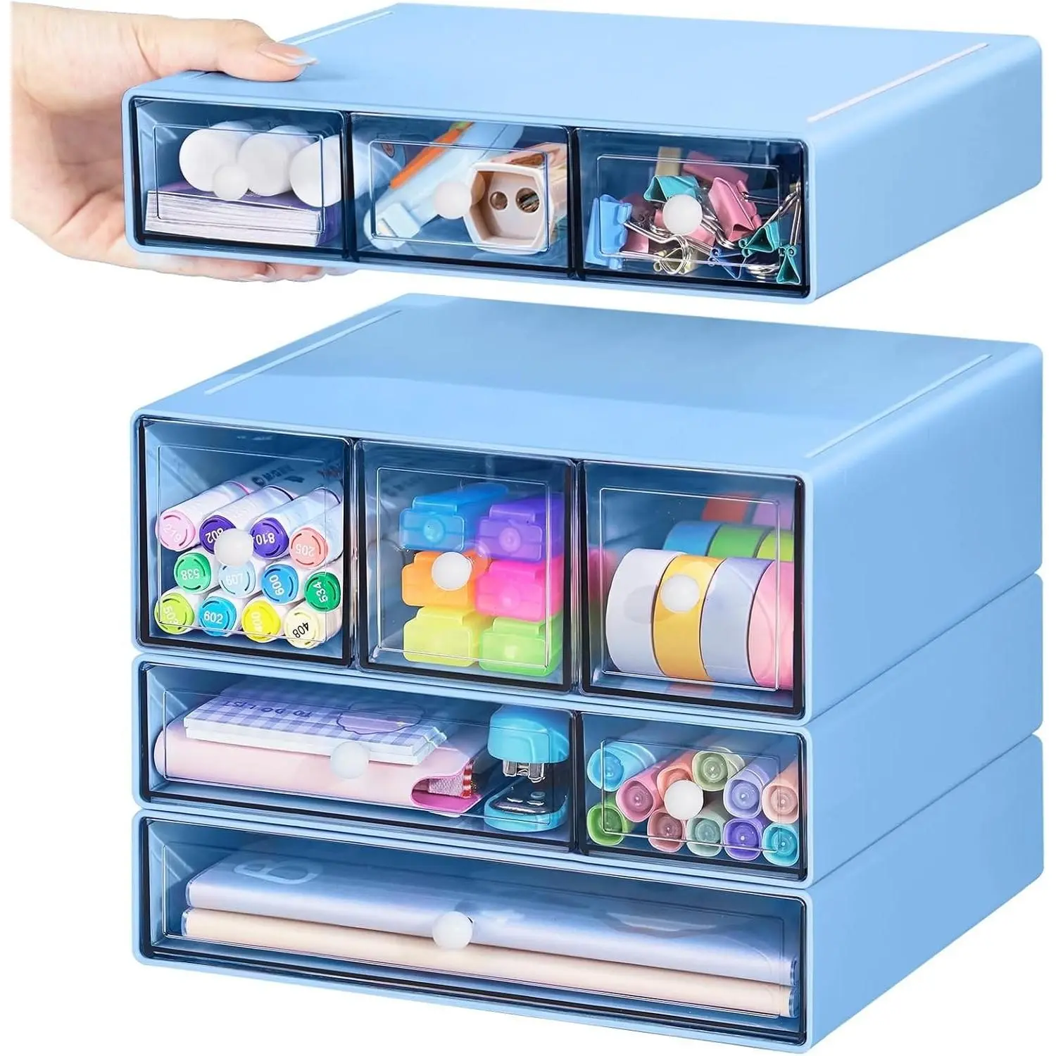 9-Drawer 4-Tier Stackable Clear Desk Storage Organizer for Craft Supplies, Makeup, Jewelry, Stationery, Office - BlueGift