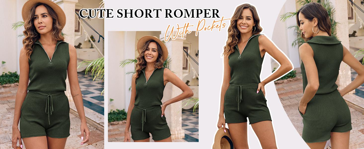 PiePieBuy Women's Casual Sleeveless Short Rompers Summer Half Zip Lapel Collar Drawstring Knit One Piece Jumpsuit with Pockets