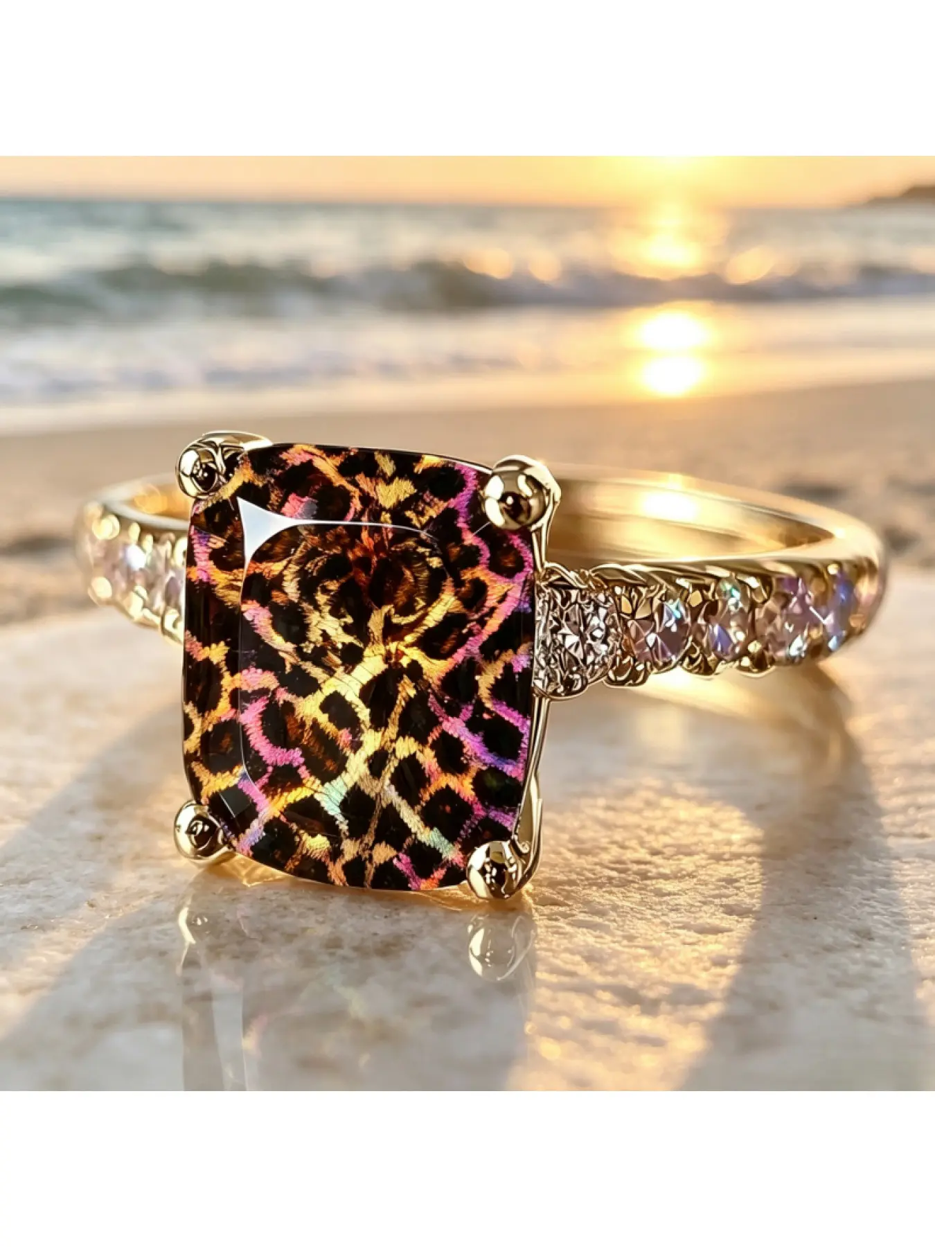 Retro iridescent gradient leopard print, dazzling laser gold and purple leopard print square ring, Animal theme ring, metallic luster, colorful markings, perfect birthday or holiday gift for girlfriend, versatile decorative jewelry, Beautiful Rings