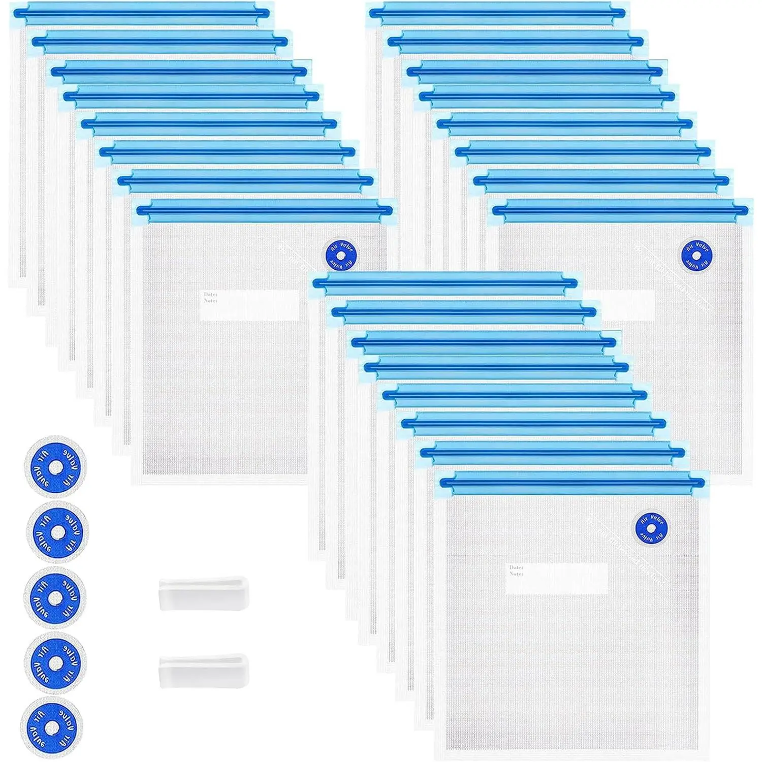 Sous Vide Bags 31Count, Reusable BPA Free Vacuum Sealer Bags (8.5 * 8.5in) Vacuum Food Storage Bags for Cooking/Food Storage/Microwave Heating - 24Count Vacuum Zipper Bags & 2 Seal Clips & 5 Air Valves