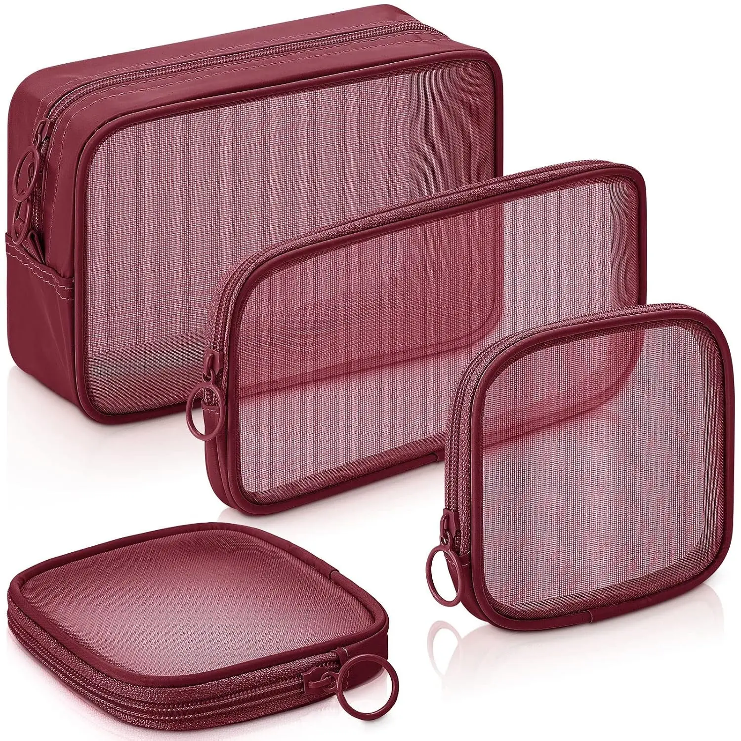 4-Piece Mesh Pouch Set Large, Medium & Small, Wine Red Zipper Bags | Mini Makeup Organizer for Purse, Travel Toiletry Storage Bags, Cosmetic Accessories Holder, Portable Daily Essentials PouchGift