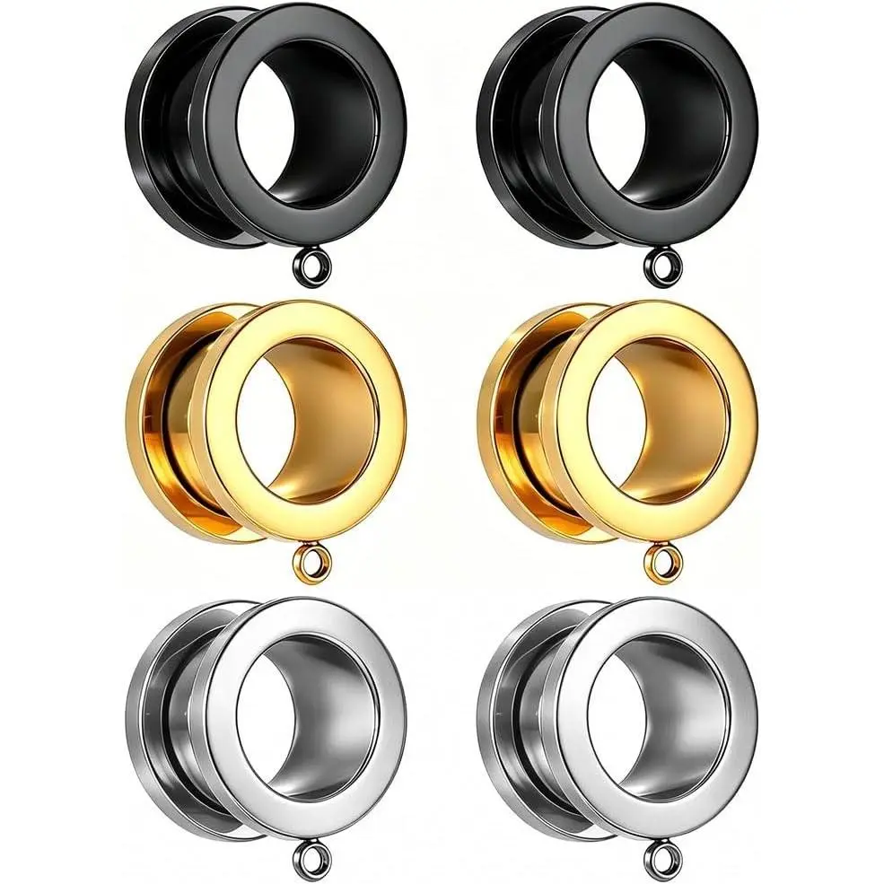 3 Pairs DIY Tunnels Plugs Gauges for Ears Piercing Jewelry, Women Mens Stainless Steel Ear Dangle Gauges Accessories