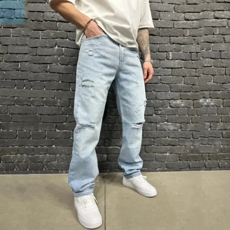 YYT1 New Men Stylish Simple Holes Design Loose Straight Jeans Pants Men's Solid Casual Trousers Deals You