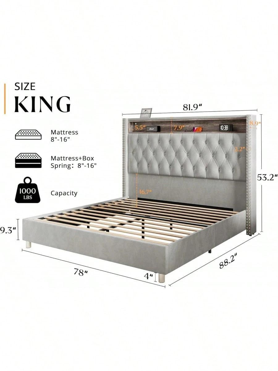 Queen/King Size Velvet Upholstered Platform Bed With Wingback Design, Integrated LED Lights, Charging Station, And Under-Bed Motion Sensor Lighting – No Box Spring Required, Built-In Storage, Black