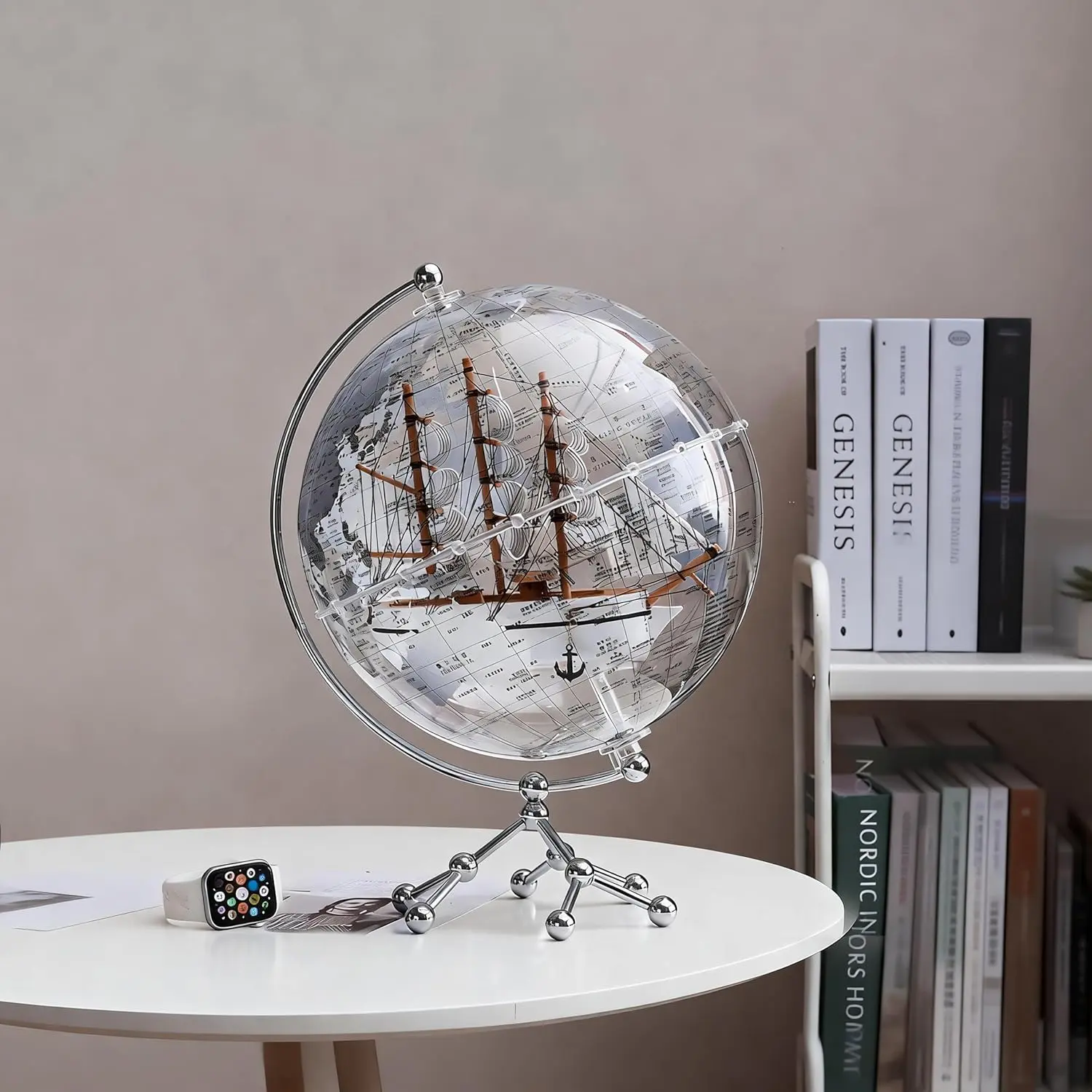 Aris & Juno Illuminated World Globe with Sailboat, Bilingual English-Chinese Map, Touch Control Transparent LED Desktop Decor, Educational Learning Tool for Study Office light up fun room stand gift acrylic ornament
