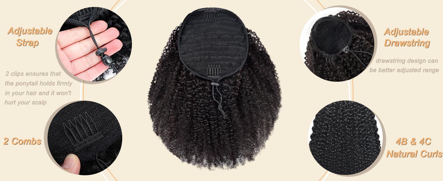 Afro Kinky Ponytail Human Hair For Black Women Clip Ins Human Hair Extensions Kinky Curly Drawstring Ponytail Natural Color Easy to Install Afro Puff Human Hair Ponytail 4c  hair  extensions