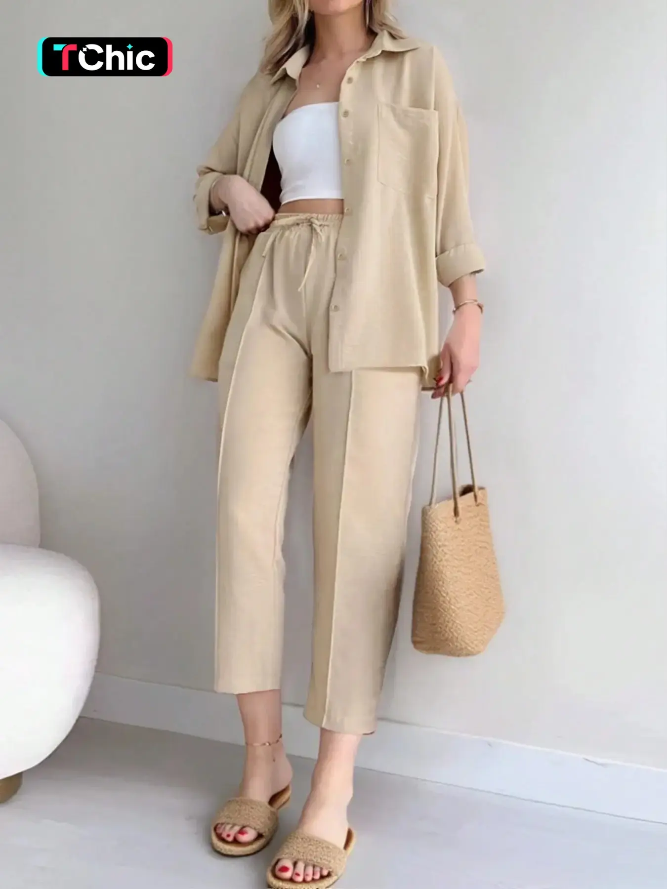 Women's 2 Piece Matching Set Point Collar Long Sleeve Button Down Shirt Chest Pocket Drawstring Adjustable Elastic Waist Cropped Straight Leg Pants Relaxed Fit Casual Minimalist Style Perfect for Daily Errands Office Brunch Vacation