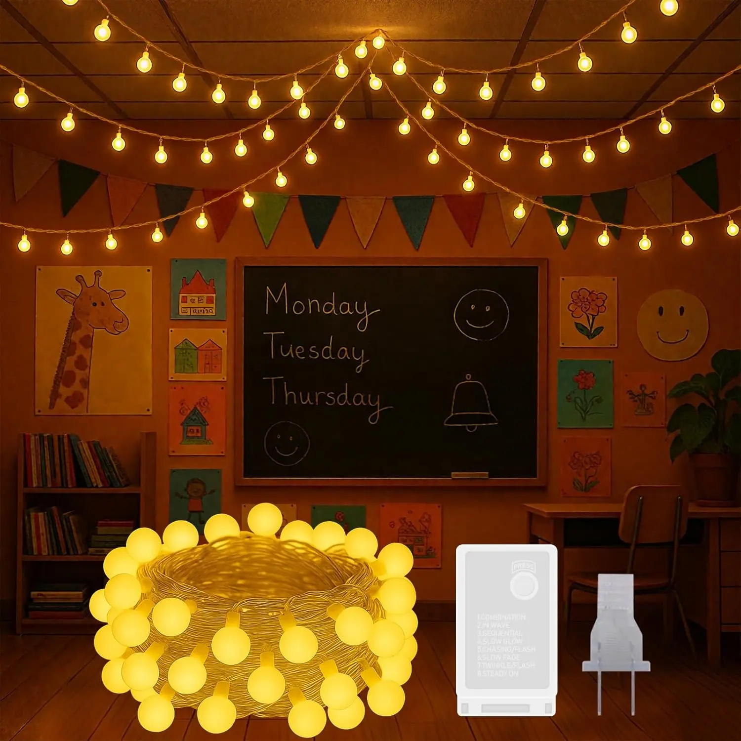 100 LED Hanging String Lights for Classroom – 33ft Plug in Fairy Lights with 8 Modes, Warm White String Lights for Classroom Decor, Teacher Supplies, Bulletin Board, Wall Display & School DecorationsGift