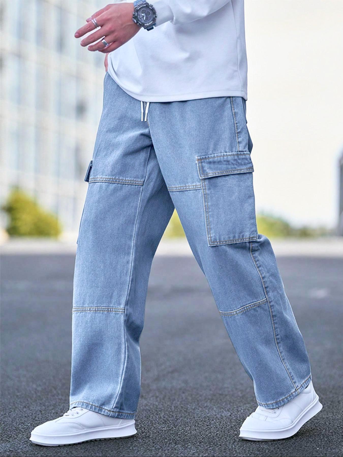 Men's Solid Flap Pocket Cargo Jeans, Loose Casual Street Fashion Denim Pants for Daily Wear, Men's Trousers for All Seasons, Streetwear