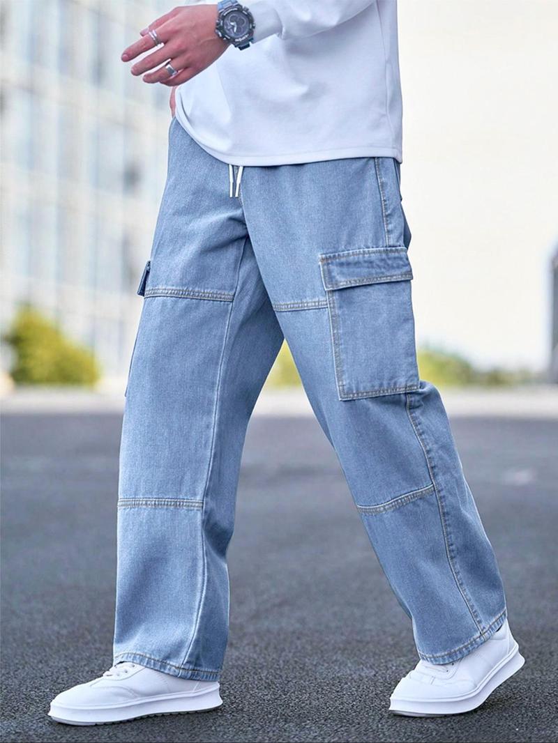 Men's Solid Flap Pocket Cargo Jeans, Loose Casual Street Fashion Denim Pants for Daily Wear, Men's Trousers for All Seasons