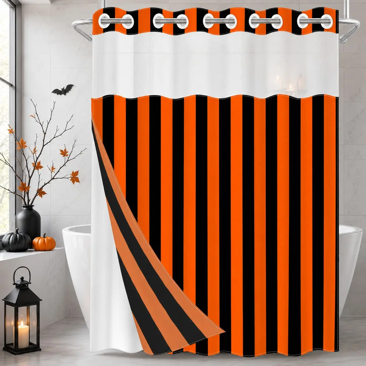 1Pc Hookless Double Layer Shower Curtain, Orange and Black Vertical Stripe Print, Classic Halloween Waterproof Mildew-Resistant Washable Curtain with Mesh Top Window & Removable Snap-in Liner, Bathroom Decor for Apartment Home Dorm Hotel
