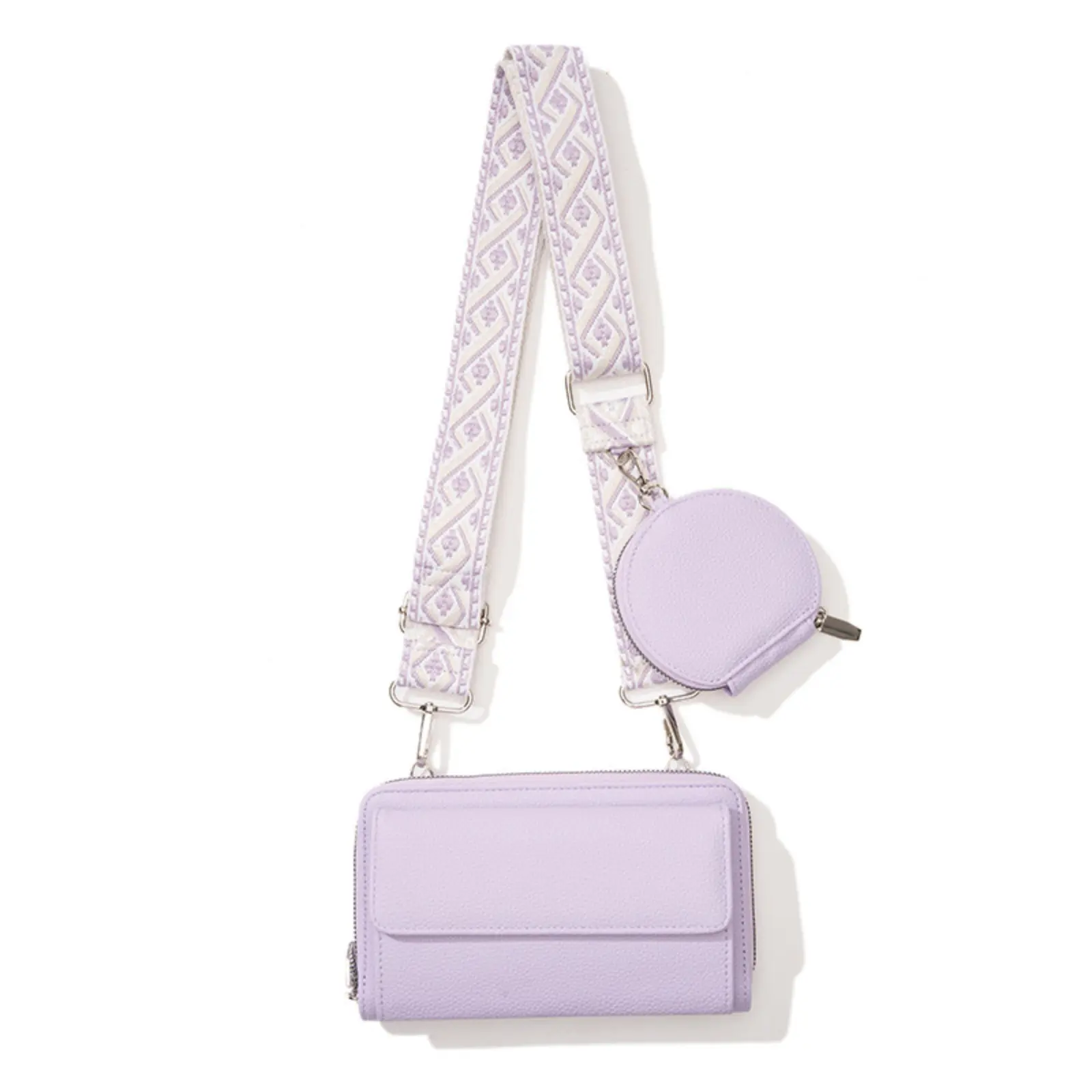 Women's Crossbody Cell Phone Purse Lavender Multi Pouch Wallet with Embroidered Wide Strap Detachable Round Coin Bag for Travel Shopping