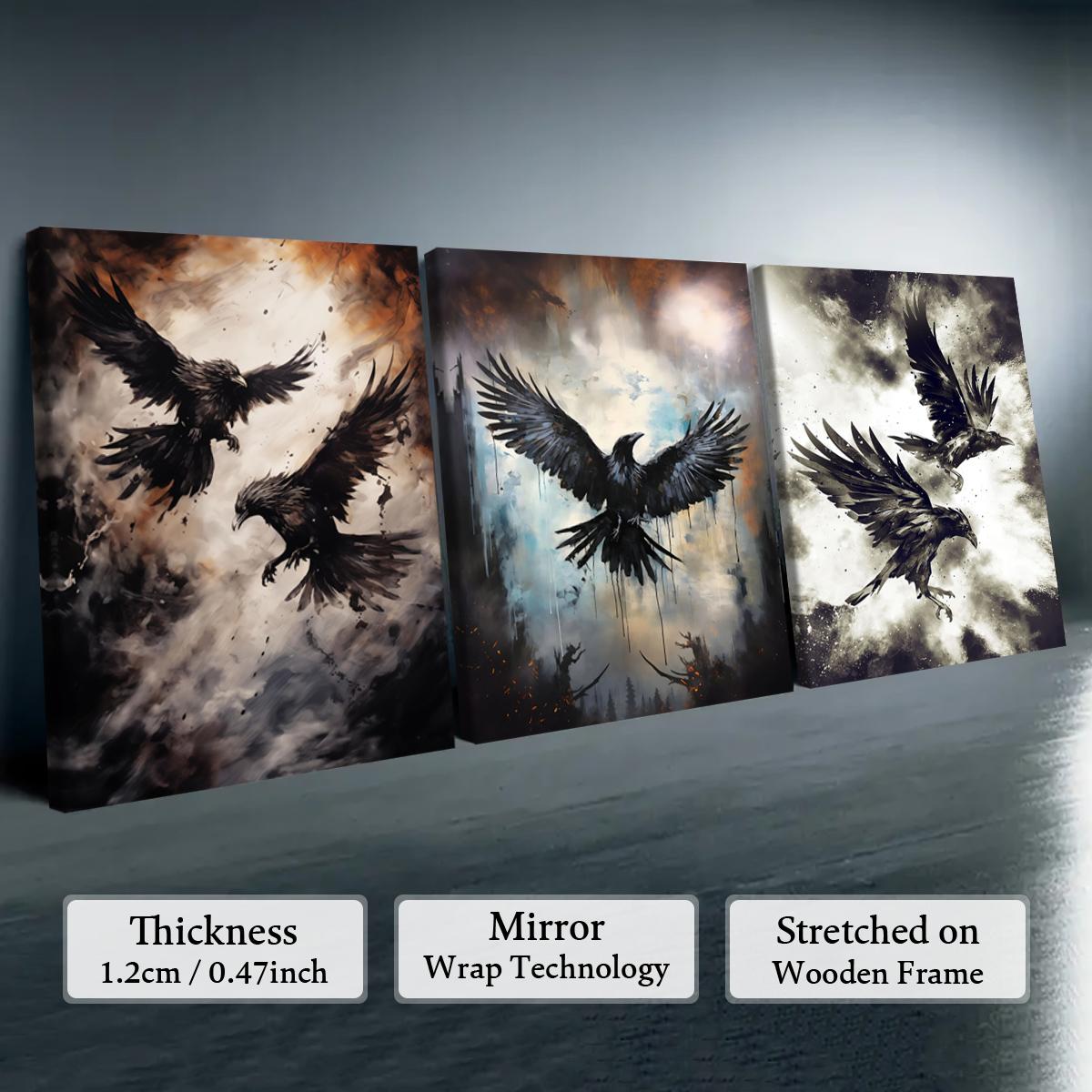 Creepy Crow Pattern Wooden Framed Canvas Painting Modern Art Design, 3 Counts/set Halloween Murals, Wall Art Decor for Home Living Room Bedroom Office
