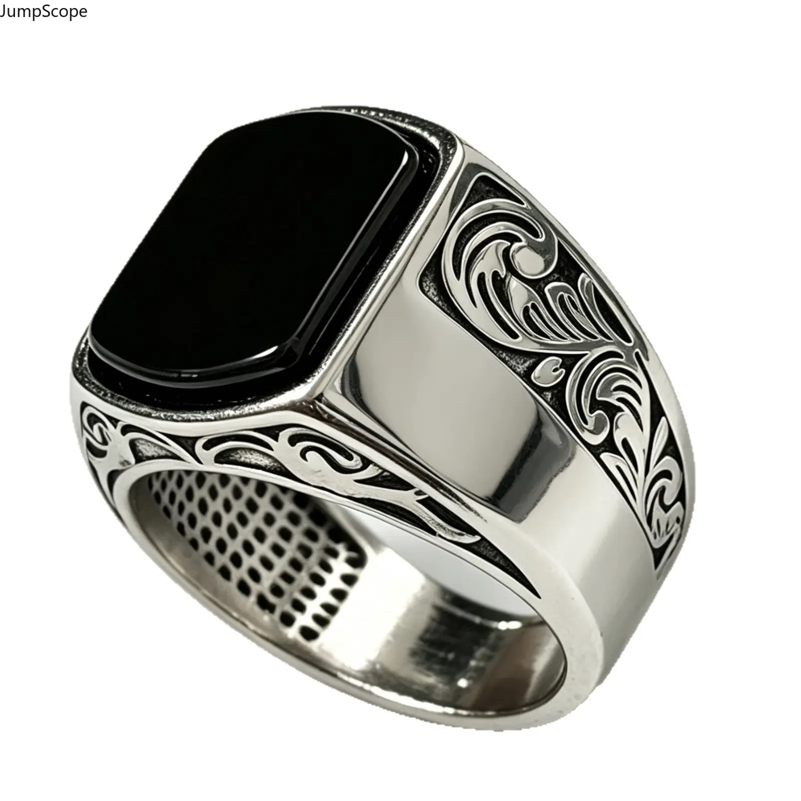 Square Onyx Signet Ring for Men, Classic Silver-Plated Jewelry with an Engraved Scroll Swirls Band and Polished Finish