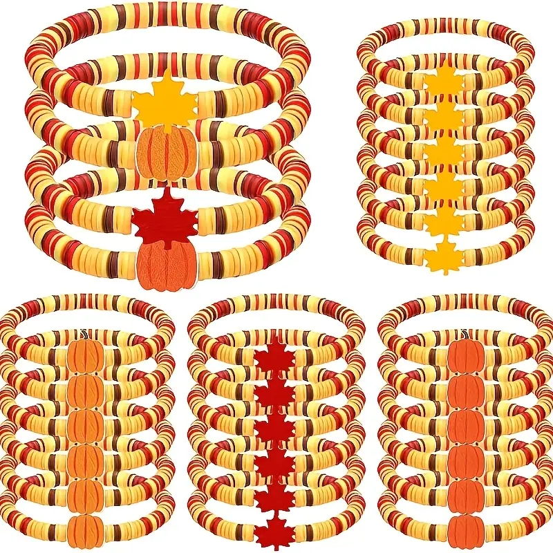 24pcs Polymer Clay Beaded Charm Bracelets, Casual Unisex Fall Mixed Set with Pumpkin & Maple Leaf for Thanksgiving Party Favors
