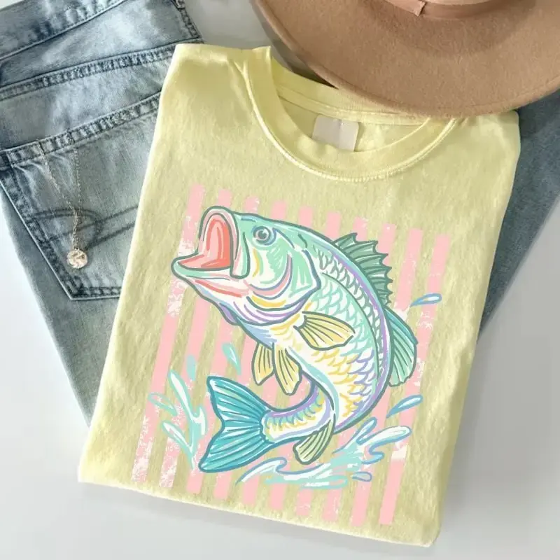 Retro Bass Fish Shirt, Pastel Fishing Graphic Tee, Preppy Coastal Lake Aesthetic T-Shirt, Summer Fishing Outfit, Large Mouth Bass Angler Gift Gift For Her, Fabric