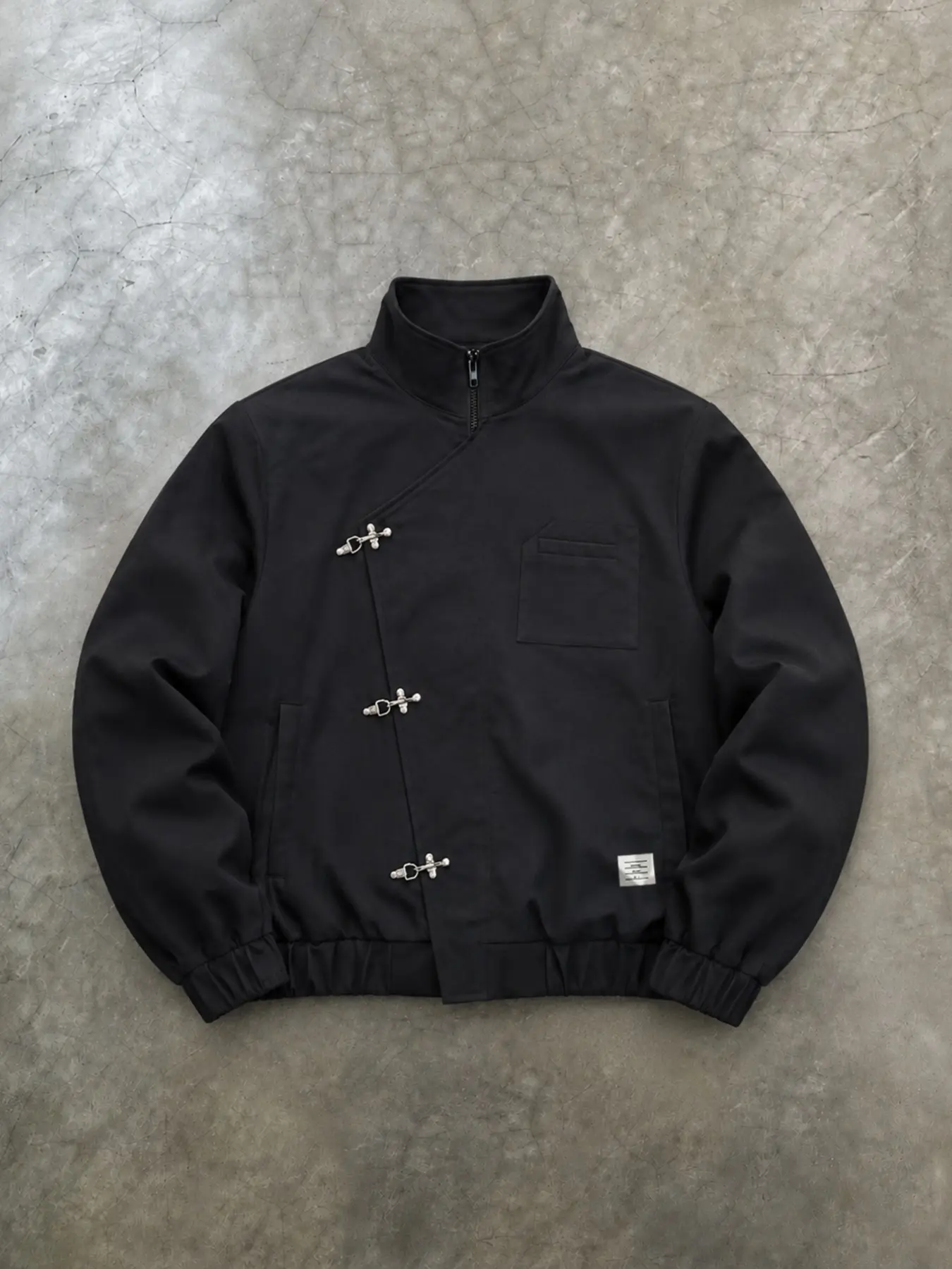 New Chinese Deconstructed Asymmetric Placket Metal Fish‑Clasp Bomber Jacket, Niche Stand‑Collar Workwear Outerwear, Unisex Streetwear Coat, Eye‑Catching Stylish Look, For Music Festival, Daily Commute & Street Outing