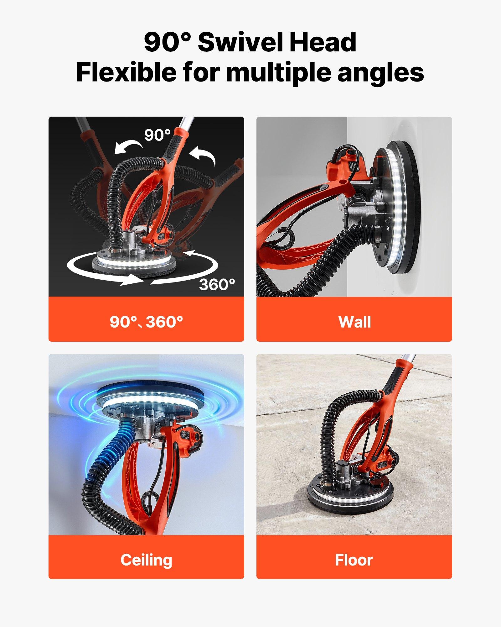 VEVOR Drywall Sander, 850W Electric Drywall Sander, Popcorn Ceiling Removal Tool with 5 Variable Speed 800-1700 RPM, Double-Deck LED Light, Foldable & Extendable Handle, 15 Sanding Discs, Dust Hose