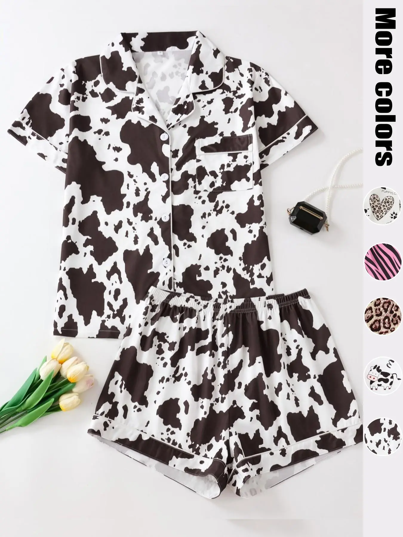 Women's Cow Print Notched Neck Crop Shirt & Shorts Pajama Two-piece Set, Elegant Comfy Short Sleeve Top & Shorts PJ Set, Ladies Sleepwear & Loungewear for All Seasons