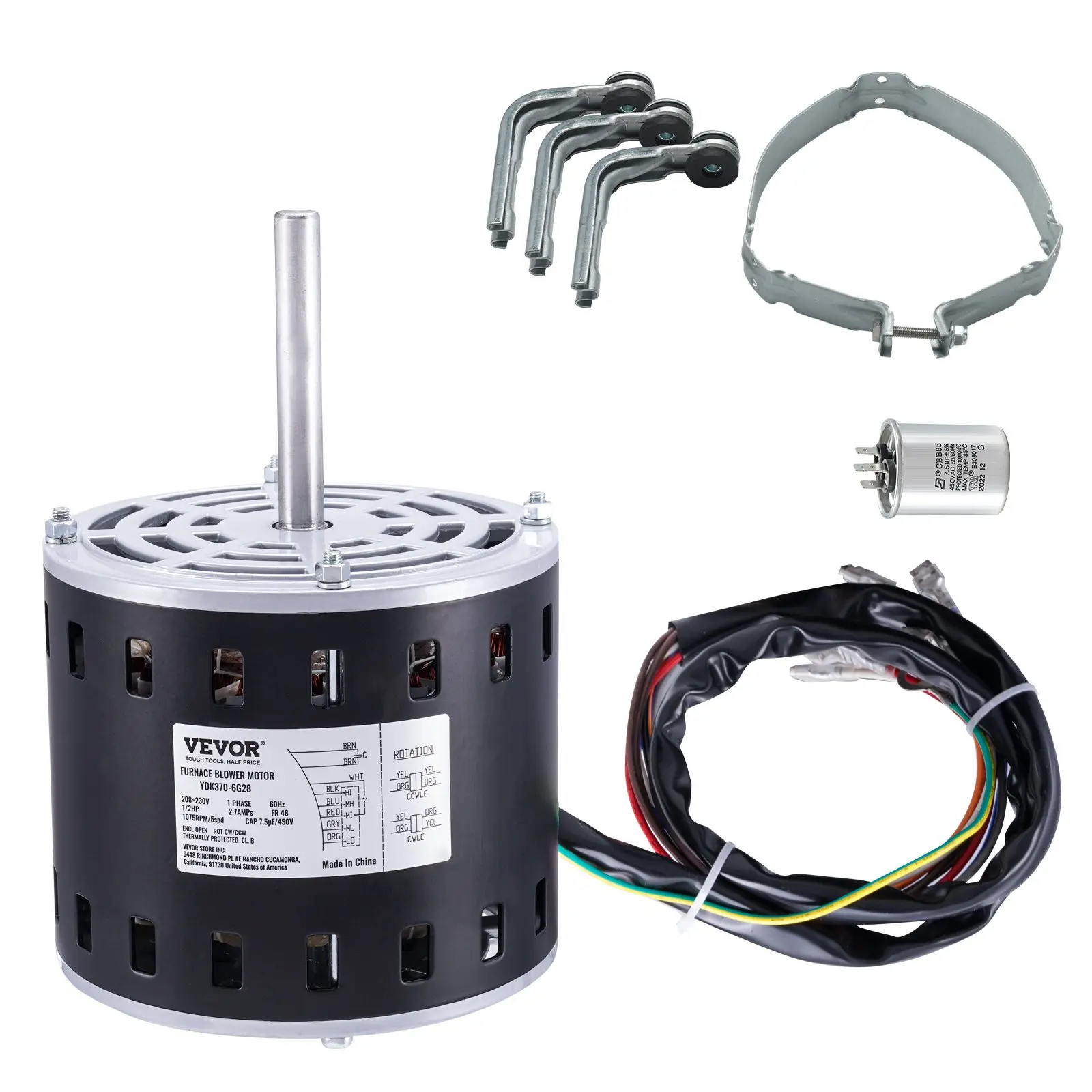 VEVOR 1/2HP Furnace Blower Motor with Metal Casing - 1/2 hp Power, 208/230V 2.7Amps, 1075RPM 5 Speeds, Dual Rotation (CW/CCW), 48 Frame 3.4" Shaft Length, Includes Parts (7.5F/450V Capacitor + 11" Hold Hoop)