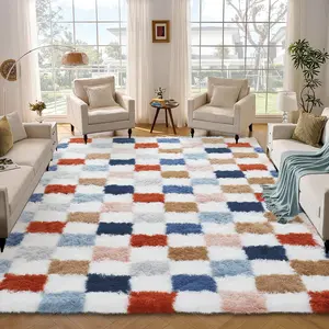Fluffy Checkered Pattern Rug High Pile Non Slip Soft And Non Shedding Large Size for Bedrooms Living Rooms Childrens Rooms and Apartments