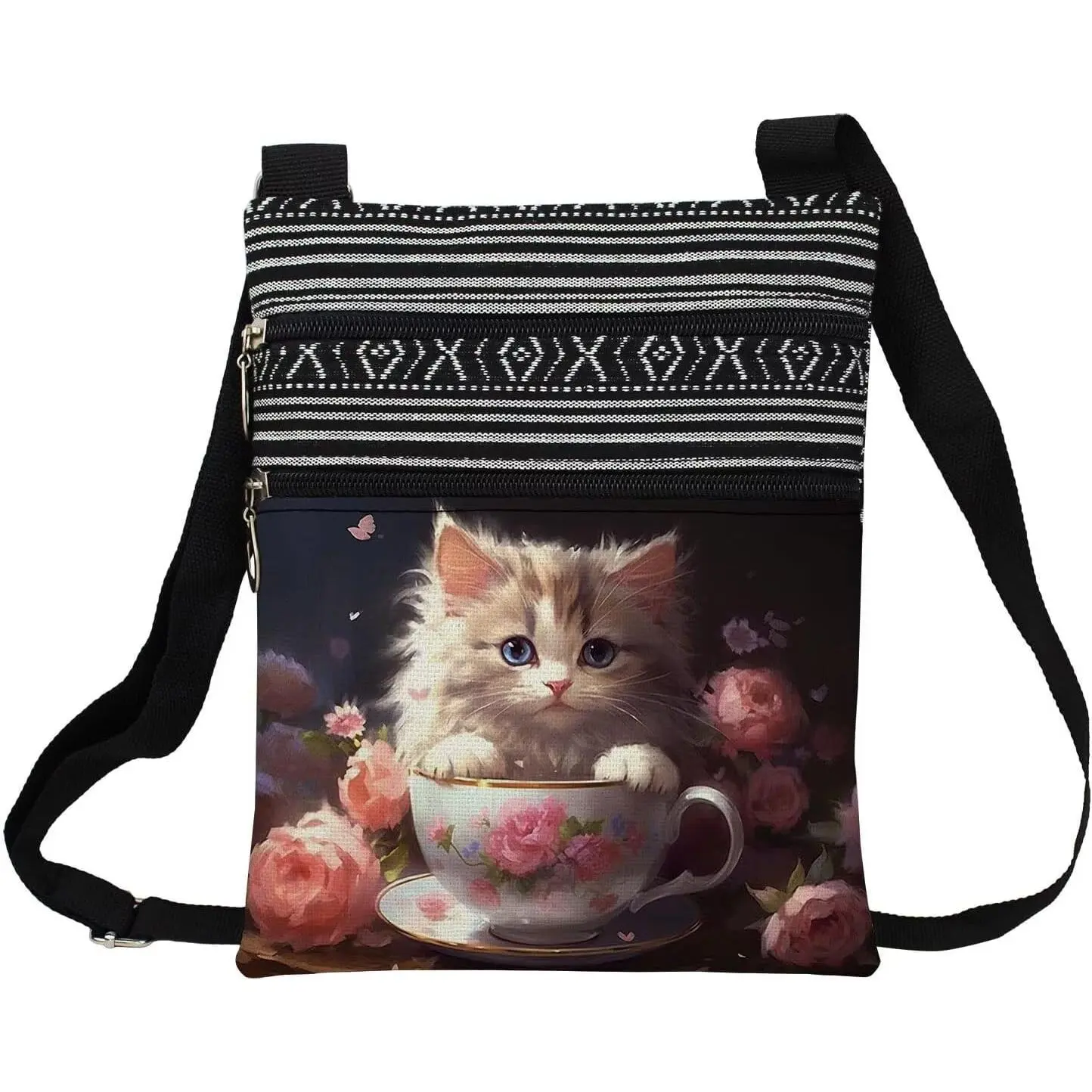 Crossbody Handbag with Zipper Floral Kitten Kitty Aesthetic Present for  Lovers Woman