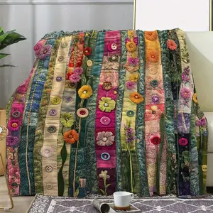 Vertical Stripe Floral Button Patchwork-style Print Flannel Blanket Soft Warm Throw Plush Blanket Boho Cottagecore Colorful Flower Fabric Splicing Bedroom Couch Nap Blanket Giftable Handmade Style Floral Patchwork Blanket For Room Party Day Gift Popular