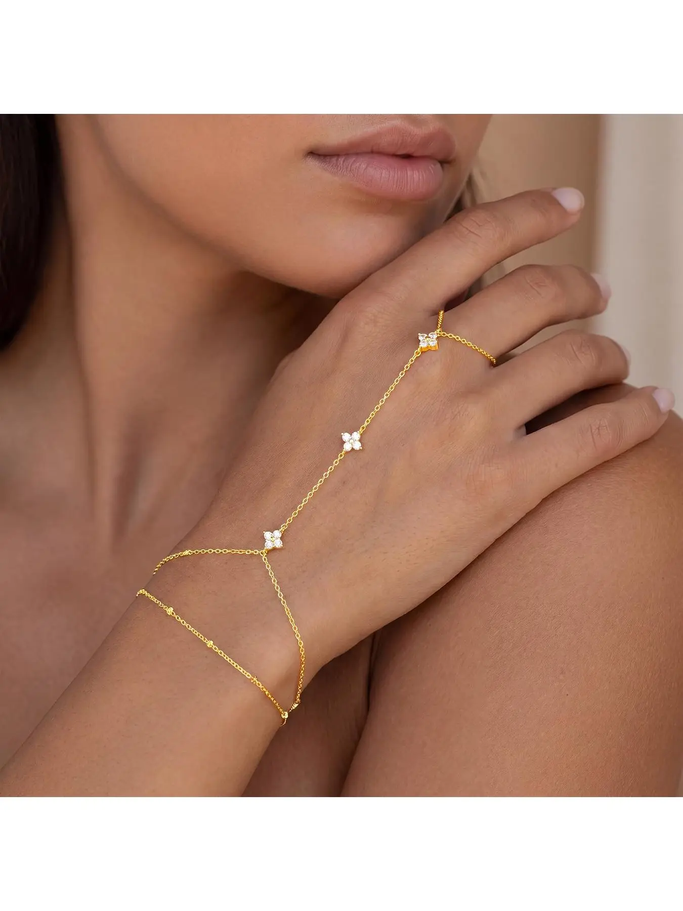 2Pcs/Pack Hand Chain Bracelets for Women, Dainty Waterproof Ring Bracelet Hand Chain Trendy Cubic Zirconia Stackable Beach Summer Bracelets Fashion Jewelry Gift