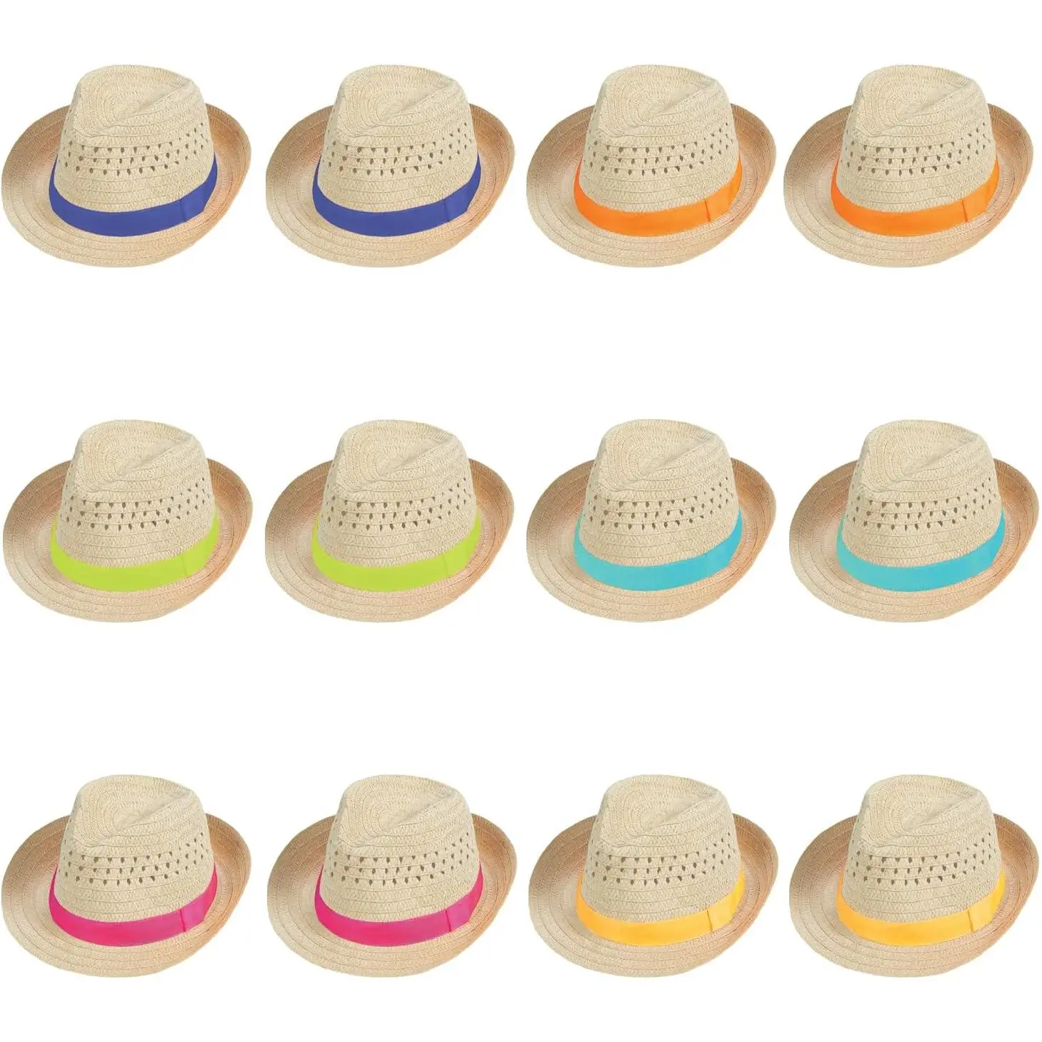 12-Pack Bulk Fedora Hats - Colorful Straw Party Hats for Adults & Kids, Fiesta Party Decorations for Cinco De Mayo, Birthday Celebrations & Mexican Theme Events (Assorted Rainbow Colors)