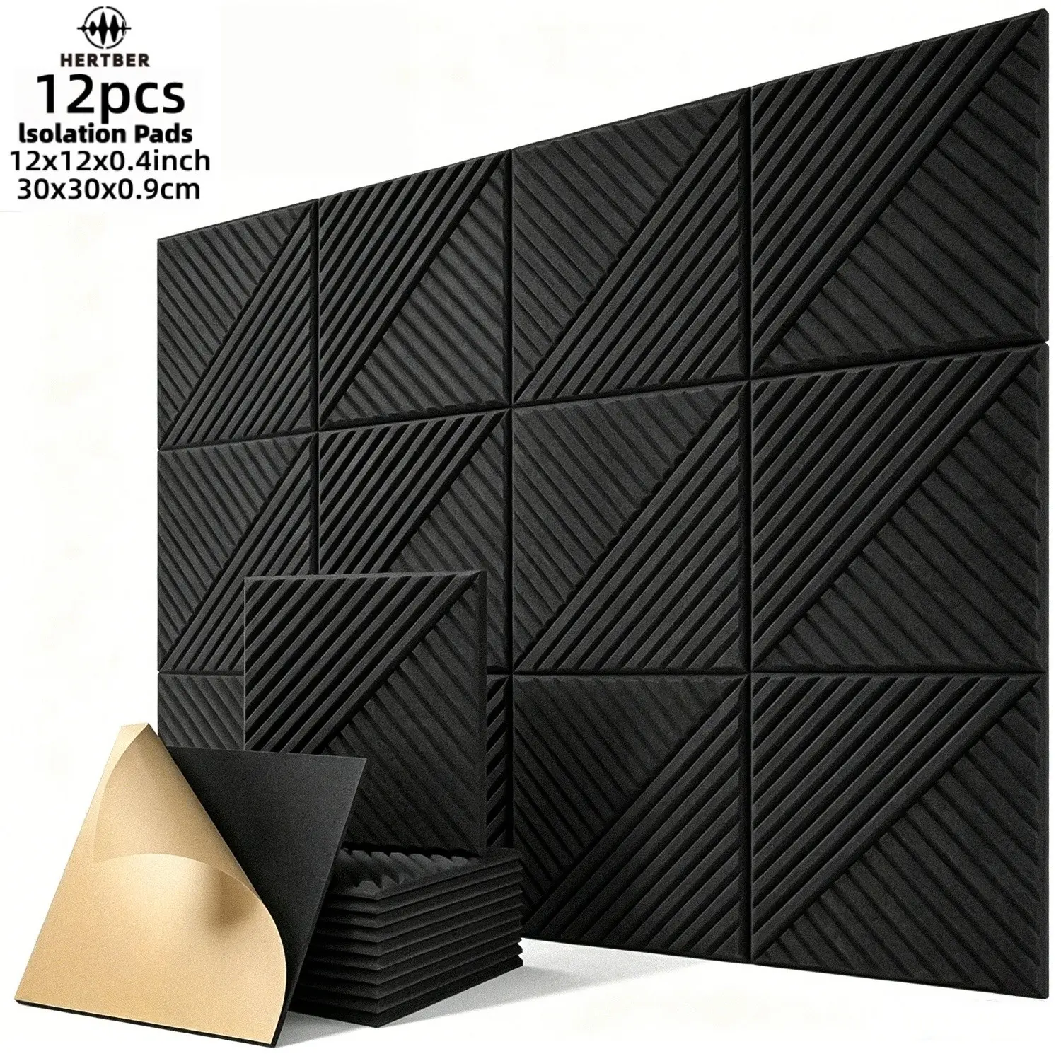 HERTBER 12Pcs Self-Adhesive Acoustic Wall Panels, 12x12x0.4 Inch 3D Striped Sound Absorbing Panels, DIY Noise Reduction Echo Cancelling Decor Wall Panels for Home Studio Bedroom TV Background Wall Commercial Display, Black White Grey