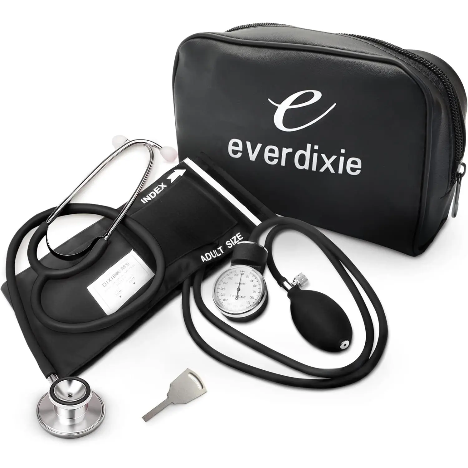 Dixie EMS Aneroid Sphygmomanometer and Dual Head Stethoscope Set with Adult Size Blood Pressure Cuff, Calibration Key and Carrying Case – Black